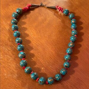Turquoise and Red Beaded Necklace